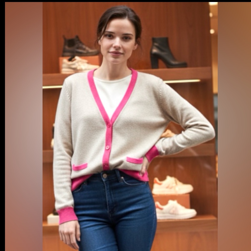 THEORY Boyfriend Cardigan Sweater Cashmere Pink Gray Chelsea Long Sleeve Large